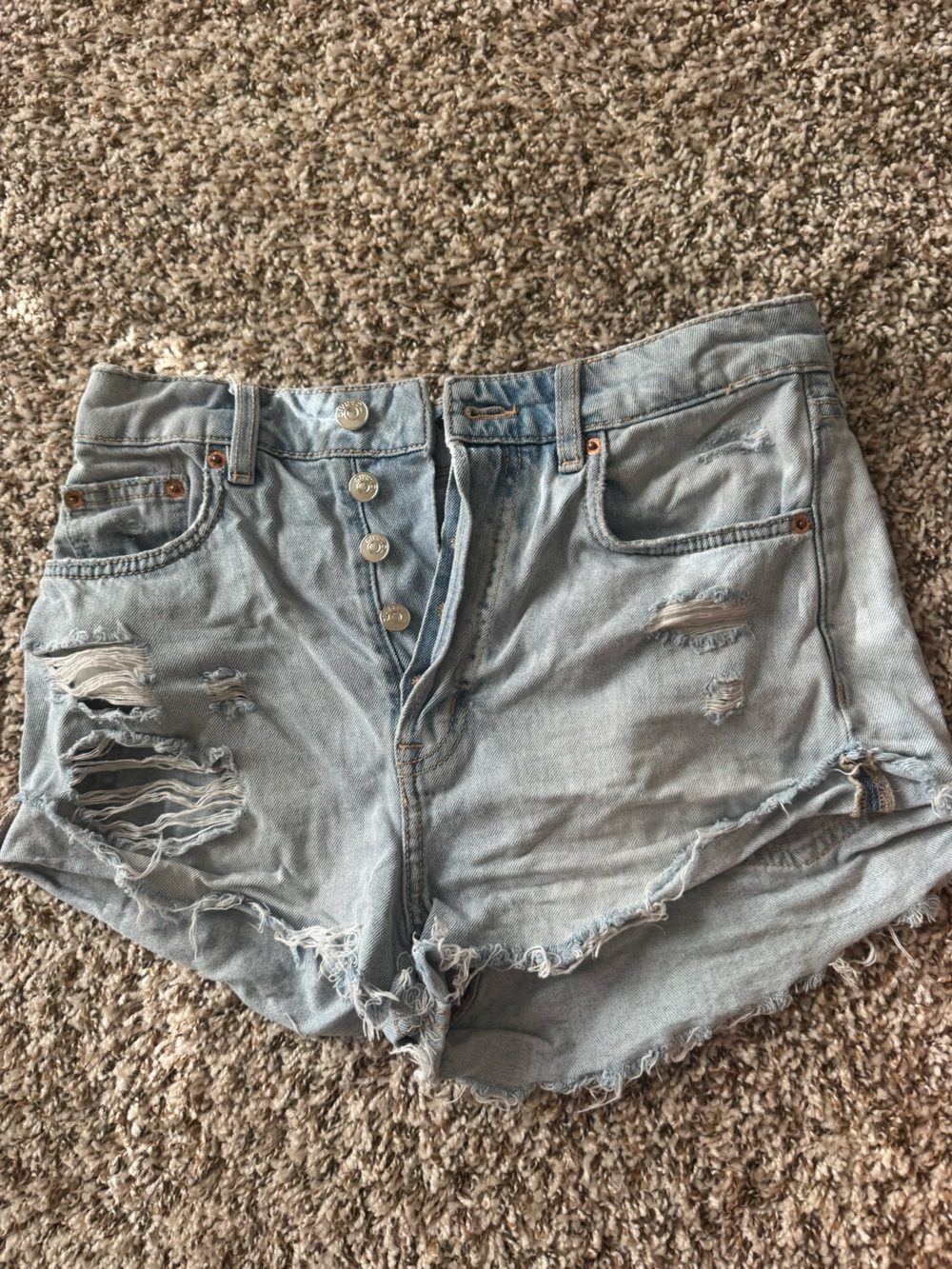 Light Wash Distressed Denim Button-Fly Shorts-H&M
